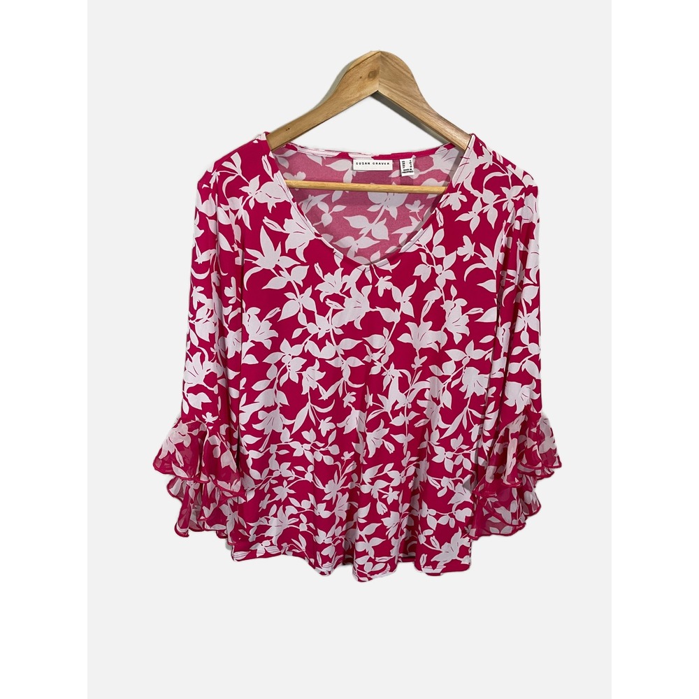 Susan Graver Blouse Womens Small Pink Floral Ruffle Bell Sleeve V-Neck Top